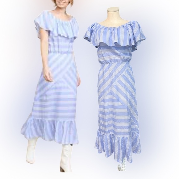 UMGEE white and blue multi directional stripe maxi dress with ruffles - Picture 1 of 12